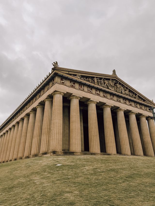 The full-scale Parthenon replica in Centennial Park, Nashville, seen from the lawn below its columns